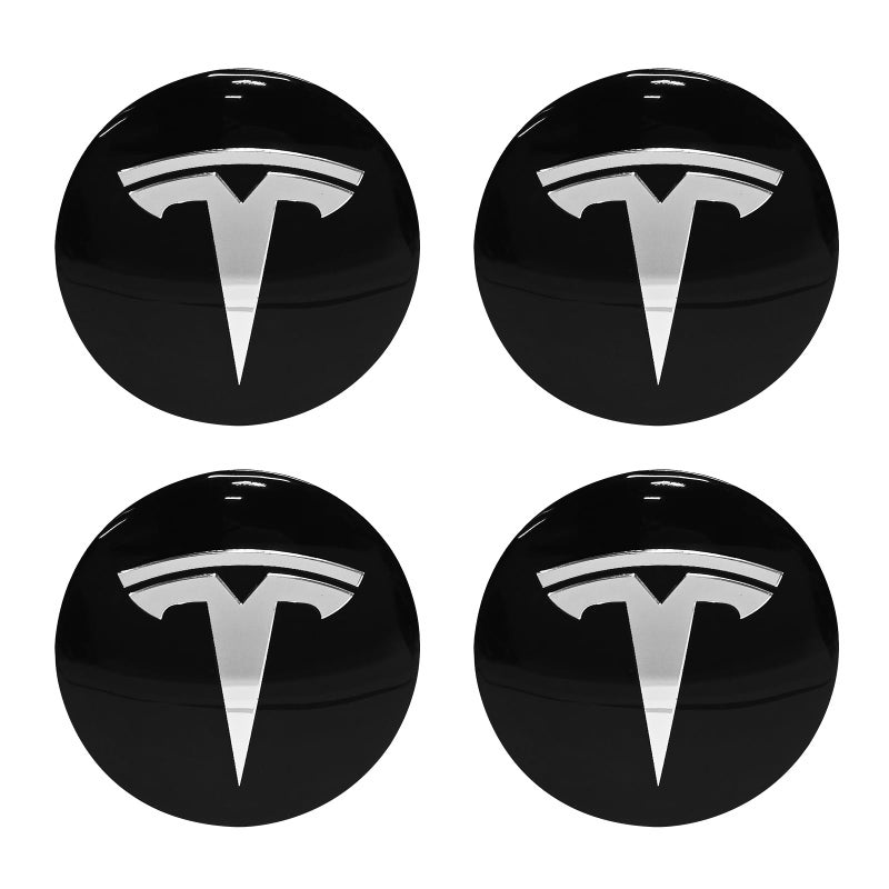 Knomix 4 عبوات من الألومنيوم المقاوم للماء لغطاء العجلة ملصق شعار مركزي لطراز Tesla 3 موديل Y 56 مم Hubcaps غطاء حافة العجلة (خلفية سوداء + شعار فضي) - Image 1